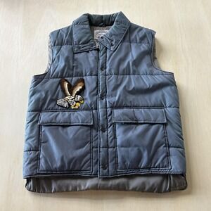 Vintage Current Seen Vest Mens XL Gray Quilted Nylon Eagle Lion Chenille Patches